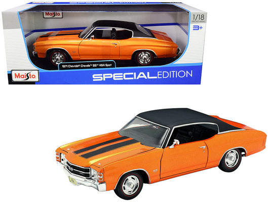 1971 Chevrolet Chevelle SS 454 Sport Orange Metallic with Black Top and Black Stripes 1/18 Diecast Model Car