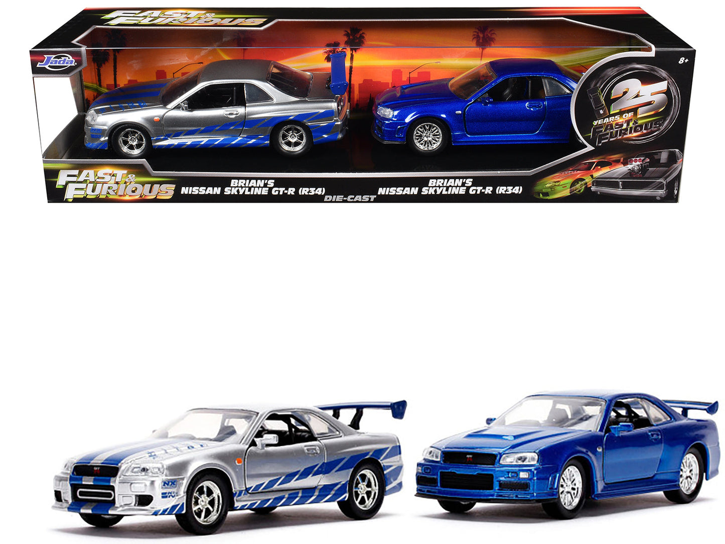 Brian's Nissan Skyline GT-R (BNR34) Silver with Blue Stripes and Nissan GT-R (BNR34) Blue Metallic Set of 2 pieces "25 Years of Fast & Furious" Series 1/32 Diecast Model Cars