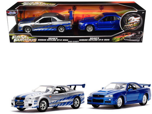 Brian's Nissan Skyline GT-R (BNR34) Silver with Blue Stripes and Nissan GT-R (BNR34) Blue Metallic Set of 2 pieces "25 Years of Fast & Furious" Series 1/32 Diecast Model Cars