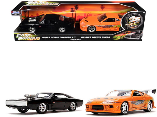 Dom's Dodge Charger R/T Black and Brian's Toyota Supra Orange Set of 2 pieces "25 Years of Fast & Furious" Series 1/32 Diecast Model Cars