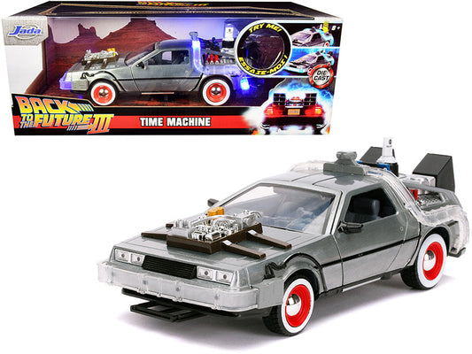 DeLorean Brushed Metal Time Machine with Lights "Back to the Future Part III" (1990) Movie "Hollywood Rides" Series 1/24 Diecast Model Car