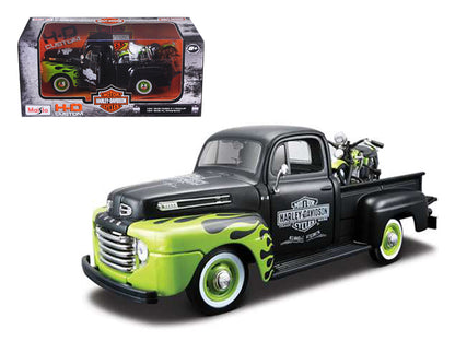 1948 Ford F-1 Pickup Truck "Harley Davidson" with 1948 Harley Davidson FL Panhead Motorcycle Black and Green 1/24 Diecast Models