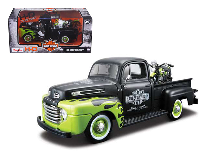 1948 Ford F-1 Pickup Truck "Harley Davidson" with 1948 Harley Davidson FL Panhead Motorcycle Black and Green 1/24 Diecast Models