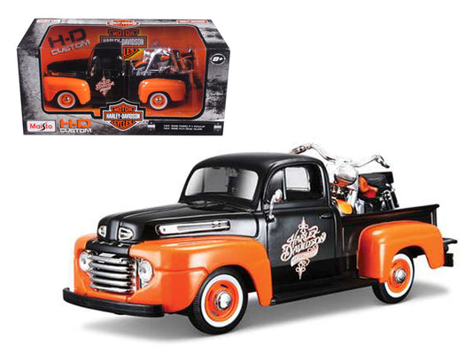 1948 Ford F-1 Pickup Truck with 1958 Harley Davidson FLH Duo Glide Motorcycle Orange and Black 1/24 Diecast Models