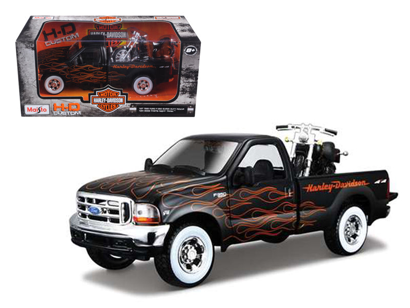 1999 Ford F-350 Super Duty Pickup Black with Flames 1/27 & 2002 Harley Davidson FLSTB Motorcycle Night Train 1/24 Diecast Models