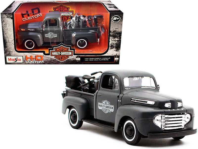 1948 Ford F-1 Pickup Truck and 1942 Harley-Davidson WLA Flathead Motorcycle Matt Dark Gray "Harley-Davidson Custom" 1/24 Diecast Models