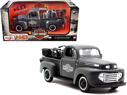 1948 Ford F-1 Pickup Truck and 1942 Harley-Davidson WLA Flathead Motorcycle Matt Dark Gray "Harley-Davidson Custom" 1/24 Diecast Models
