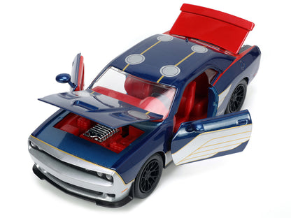 2015 Dodge Challenger SRT Hellcat Dark Blue with Graphics and Red Interior and Thor Diecast Figure "The Mighty Thor" "Marvel" Series 1/24 Diecast Model Car
