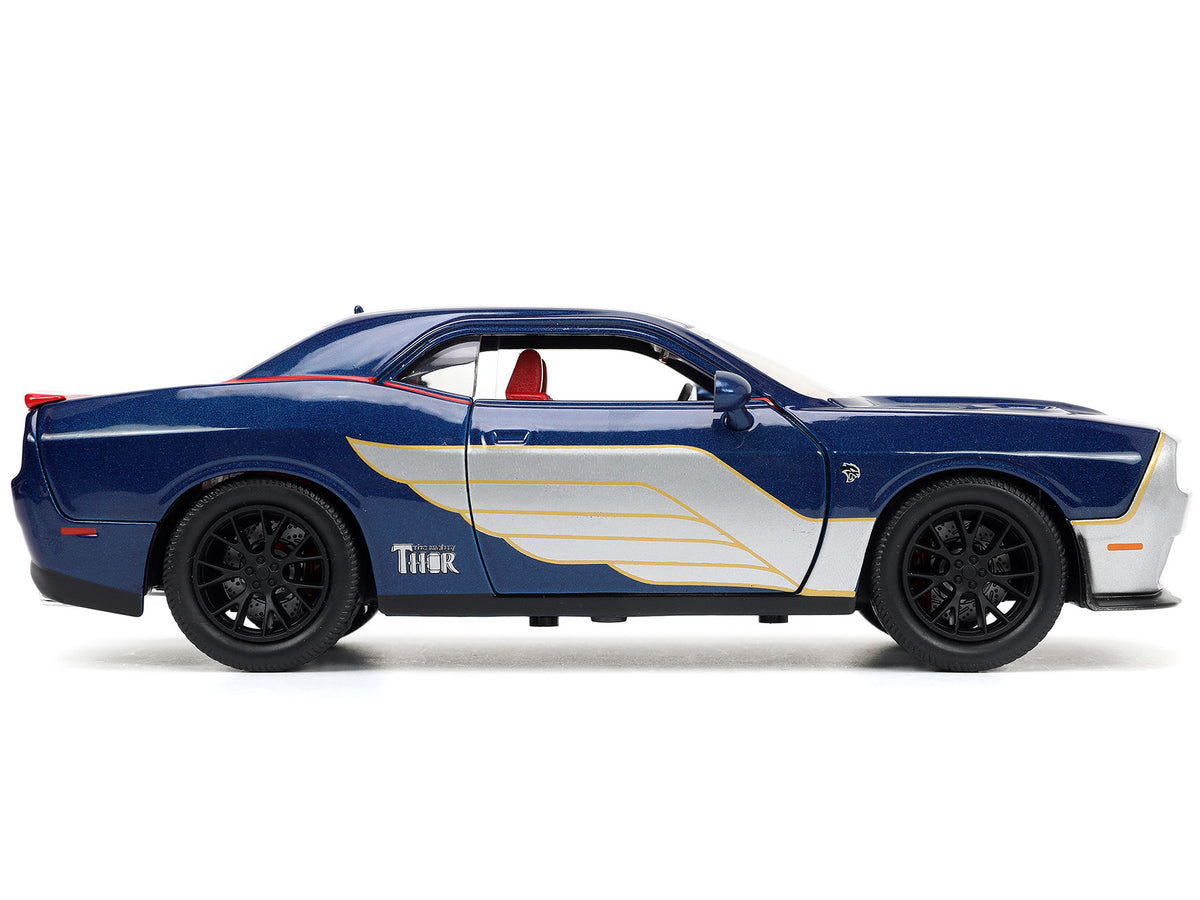 2015 Dodge Challenger SRT Hellcat Dark Blue with Graphics and Red Interior and Thor Diecast Figure "The Mighty Thor" "Marvel" Series 1/24 Diecast Model Car
