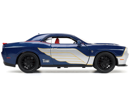 2015 Dodge Challenger SRT Hellcat Dark Blue with Graphics and Red Interior and Thor Diecast Figure "The Mighty Thor" "Marvel" Series 1/24 Diecast Model Car