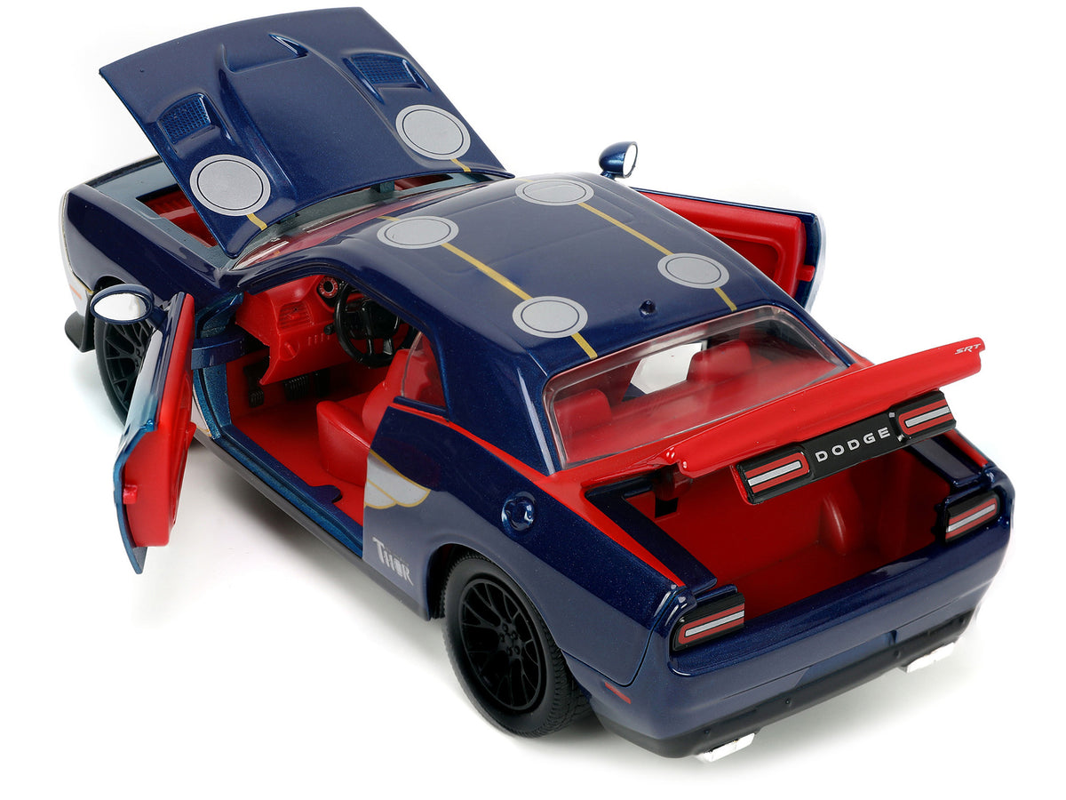 2015 Dodge Challenger SRT Hellcat Dark Blue with Graphics and Red Interior and Thor Diecast Figure "The Mighty Thor" "Marvel" Series 1/24 Diecast Model Car