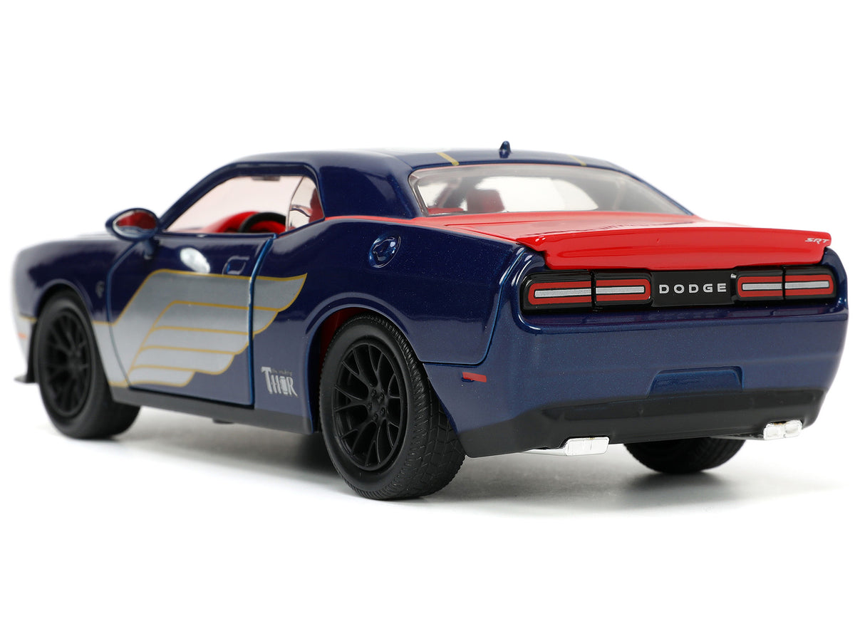 2015 Dodge Challenger SRT Hellcat Dark Blue with Graphics and Red Interior and Thor Diecast Figure "The Mighty Thor" "Marvel" Series 1/24 Diecast Model Car