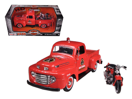 1948 Ford F-1 Pickup Truck "Harley Davidson" Fire Truck and 1936 El Knucklehead Motorcycle 1/24 Diecast Models