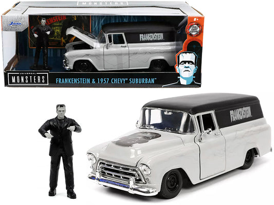 1957 Chevrolet Suburban Gray and Black with Graphics and Frankenstein Diecast Figurine "Universal Monsters" "Hollywood Rides" Series 1/24 Diecast Model Car