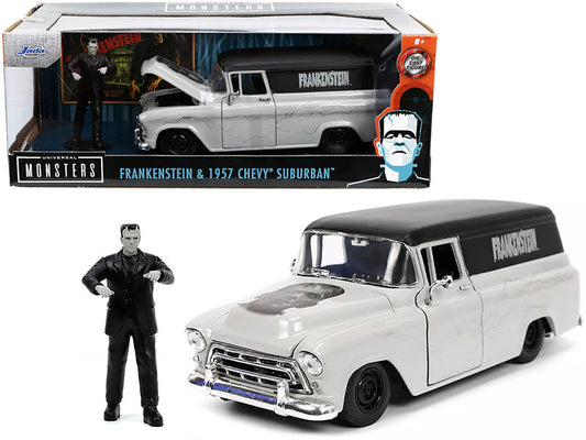1957 Chevrolet Suburban Gray and Black with Graphics and Frankenstein Diecast Figurine "Universal Monsters" "Hollywood Rides" Series 1/24 Diecast Model Car