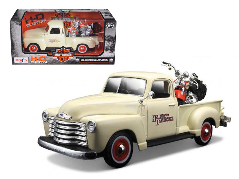 1950 Chevrolet 3100 Pickup Truck Cream 1/25 and 2001 FLSTS Heritage Springer Motorcycle Orange 1/24 "Harley-Davidson Custom" Series Diecast Models