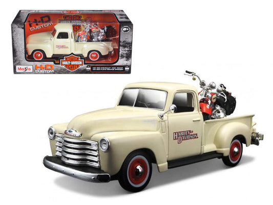 1950 Chevrolet 3100 Pickup Truck Cream 1/25 and 2001 FLSTS Heritage Springer Motorcycle Orange 1/24 "Harley-Davidson Custom" Series Diecast Models