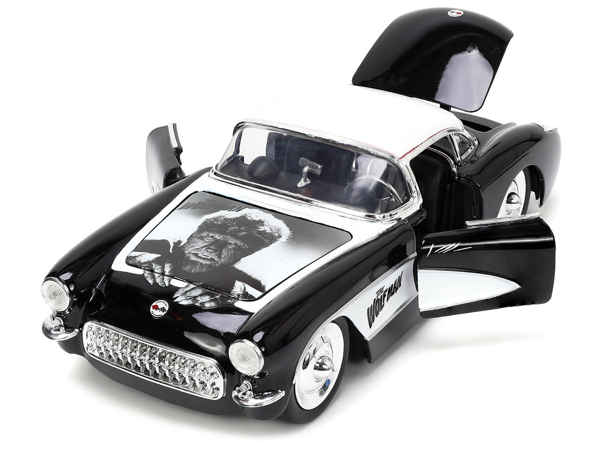 1957 Chevrolet Corvette Black with White Top and Wolfman Diecast Figure "Universal Monsters" "Hollywood Rides" Series 1/24 Diecast Model Car