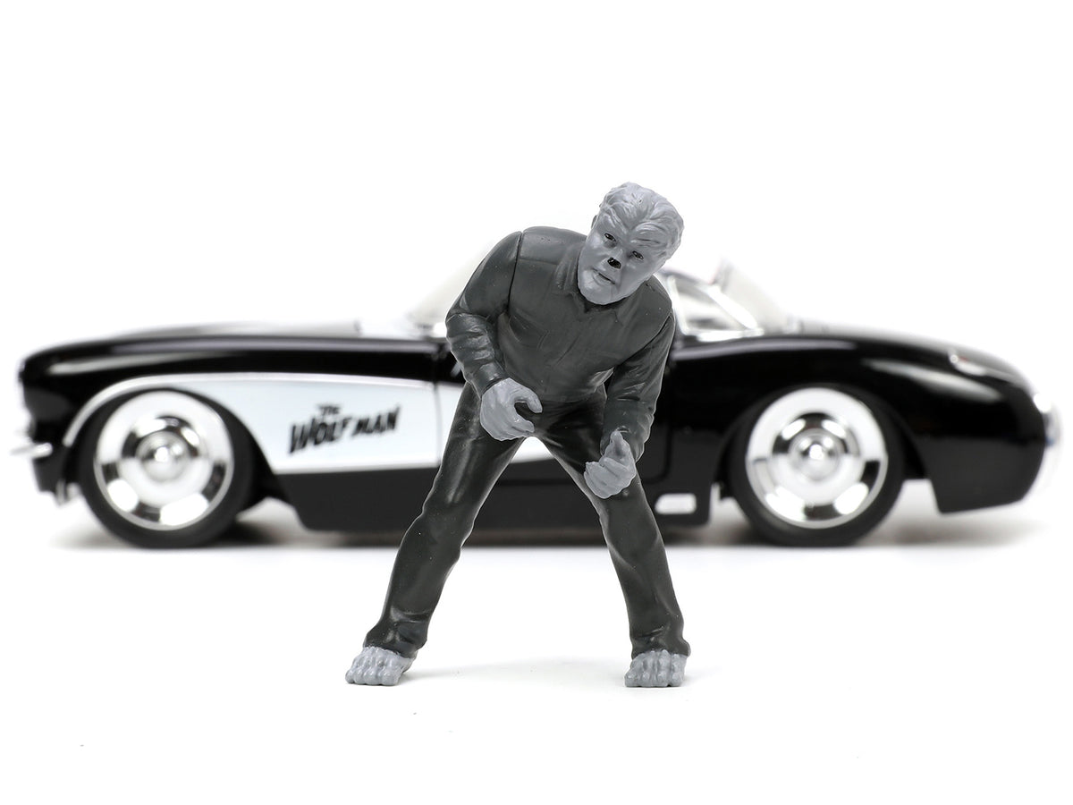 1957 Chevrolet Corvette Black with White Top and Wolfman Diecast Figure "Universal Monsters" "Hollywood Rides" Series 1/24 Diecast Model Car