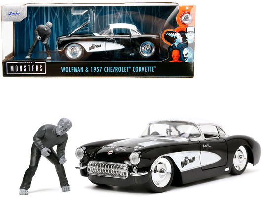 1957 Chevrolet Corvette Black with White Top and Wolfman Diecast Figure "Universal Monsters" "Hollywood Rides" Series 1/24 Diecast Model Car