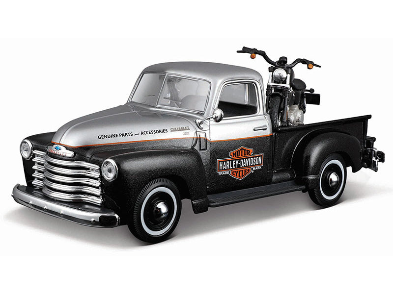 1950 Chevrolet 3100 Pickup Truck "Harley Davidson" Silver Metallic and Black with 1948 Harley Davidson FL Panhead Motorcycle Black "HD Custom" Series 1/24 Diecast Models