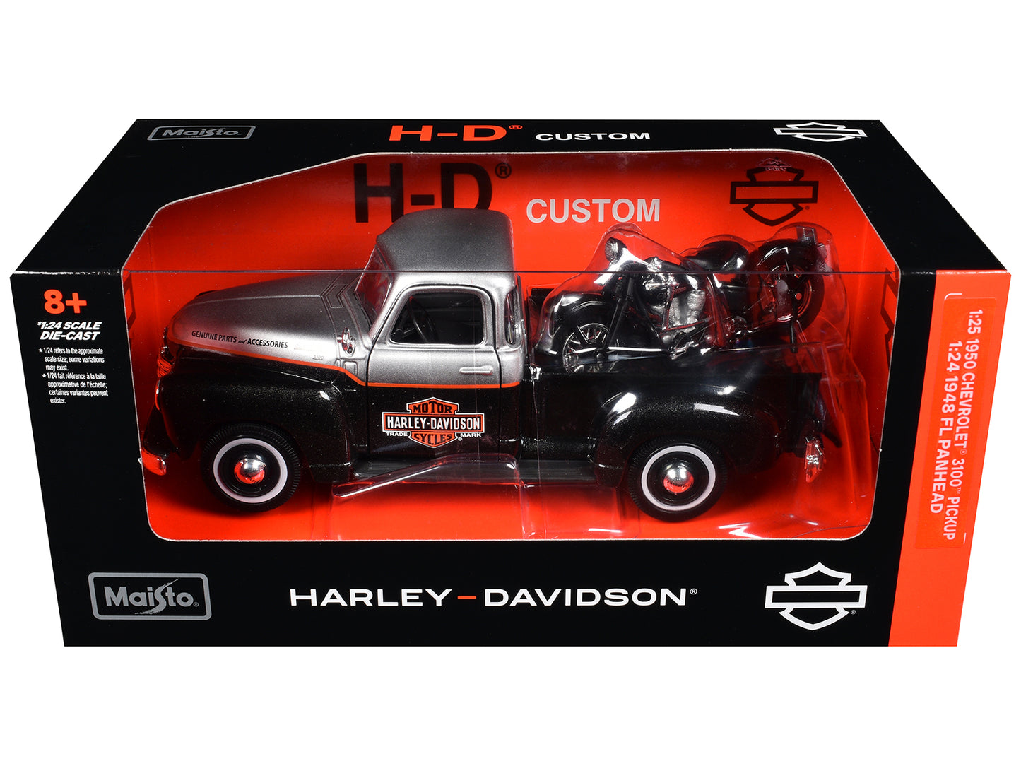 1950 Chevrolet 3100 Pickup Truck "Harley Davidson" Silver Metallic and Black with 1948 Harley Davidson FL Panhead Motorcycle Black "HD Custom" Series 1/24 Diecast Models