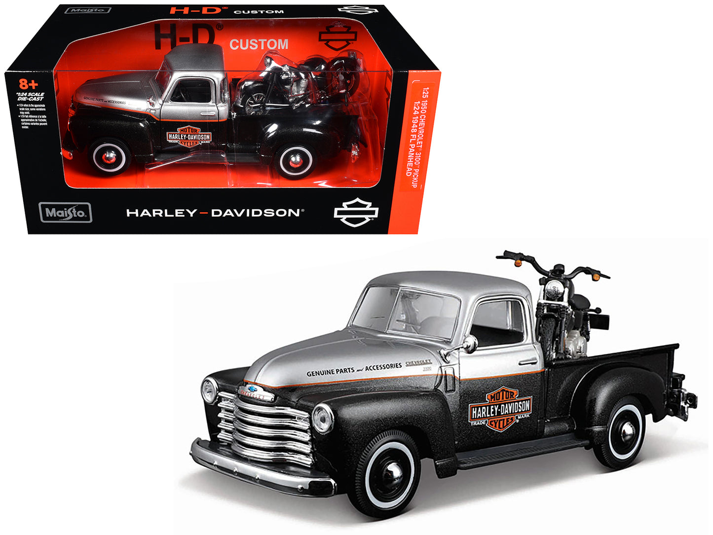 1950 Chevrolet 3100 Pickup Truck "Harley Davidson" Silver Metallic and Black with 1948 Harley Davidson FL Panhead Motorcycle Black "HD Custom" Series 1/24 Diecast Models