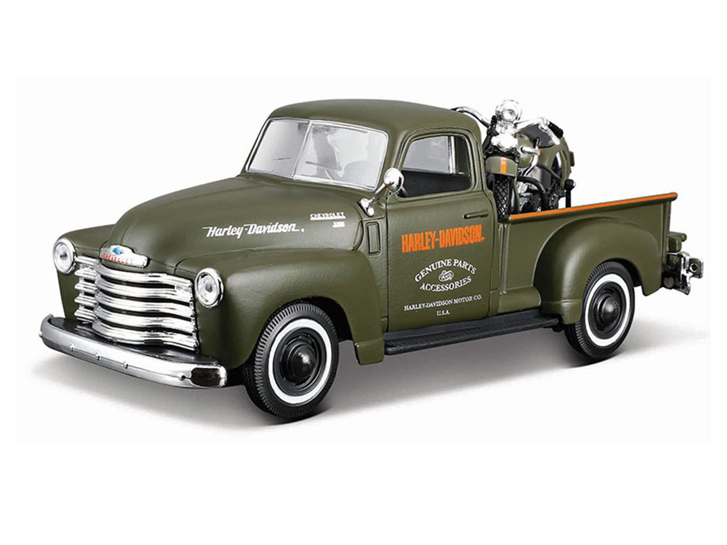 1950 Chevrolet 3100 Pickup Truck "Harley Davidson" Matt Green with 1936 Harley Davidson El Knucklehead Motorcycle Matt Green "HD Custom" Series 1/24 Diecast Model Car