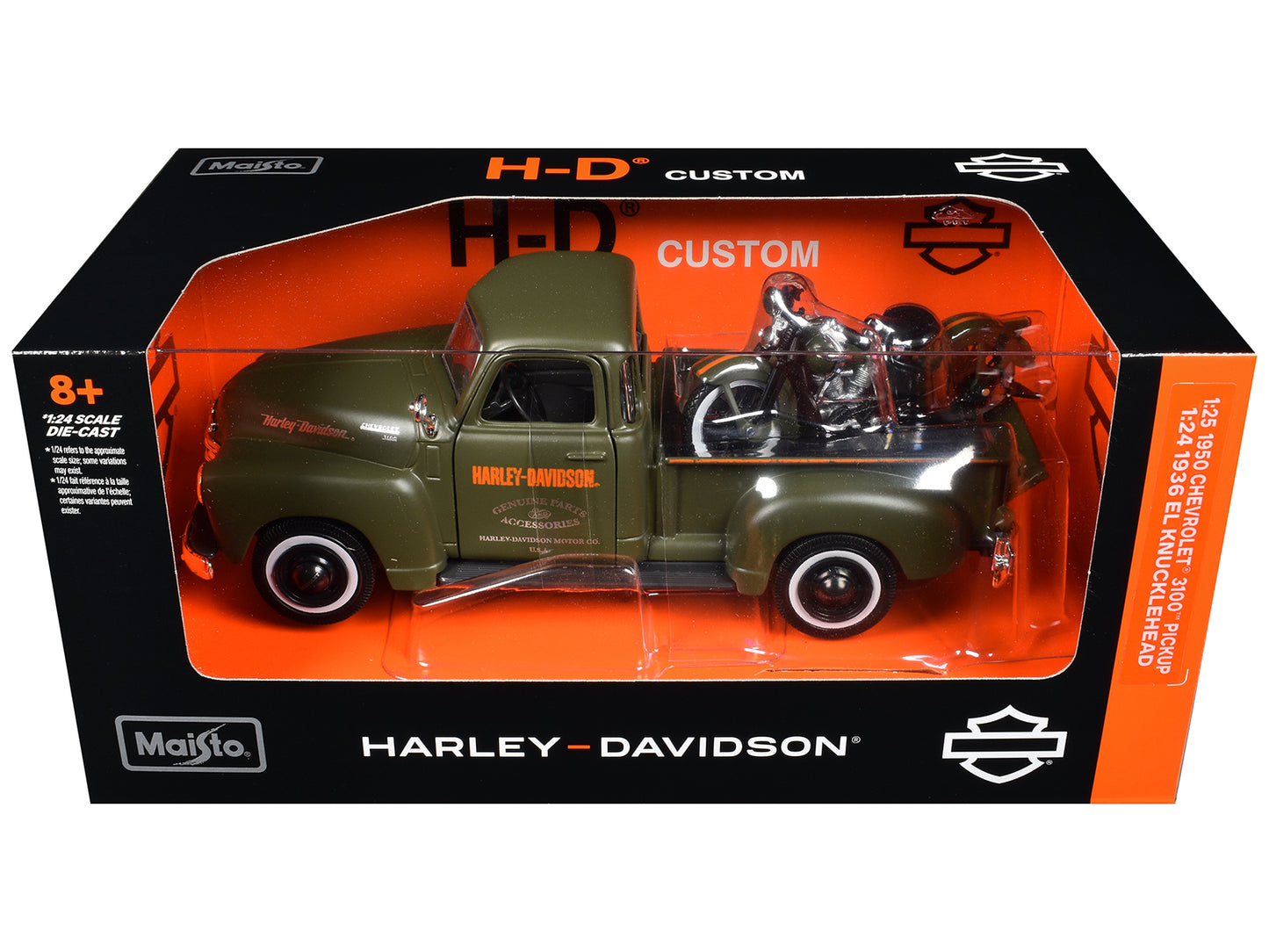 1950 Chevrolet 3100 Pickup Truck "Harley Davidson" Matt Green with 1936 Harley Davidson El Knucklehead Motorcycle Matt Green "HD Custom" Series 1/24 Diecast Model Car