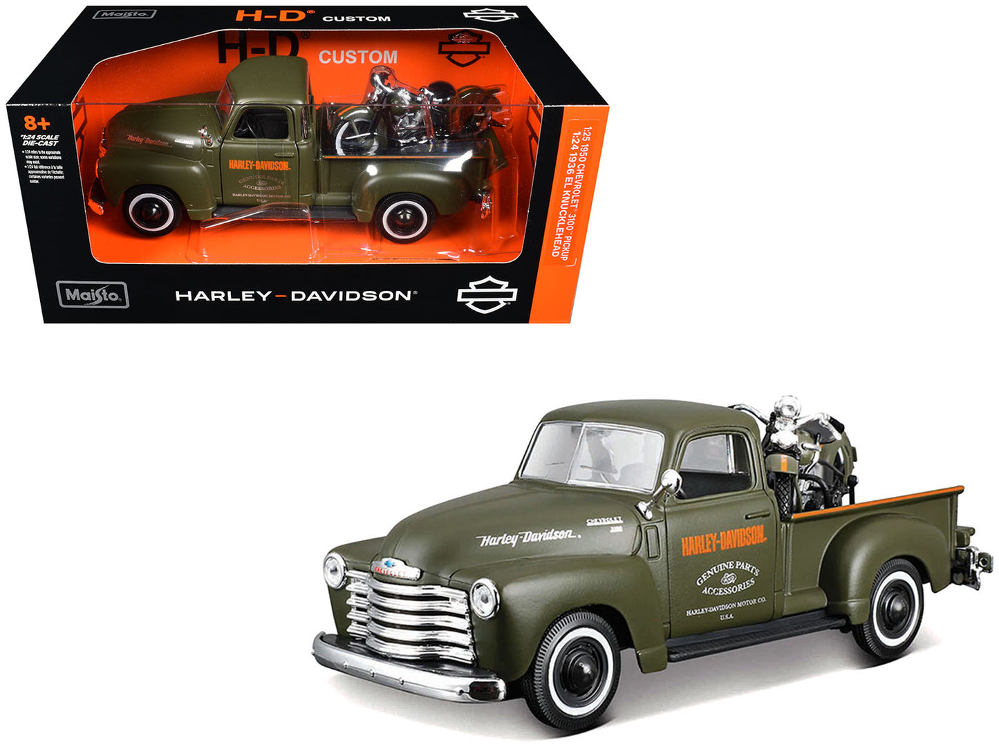1950 Chevrolet 3100 Pickup Truck "Harley Davidson" Matt Green with 1936 Harley Davidson El Knucklehead Motorcycle Matt Green "HD Custom" Series 1/24 Diecast Model Car