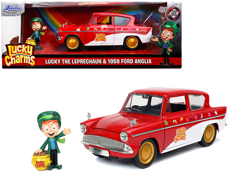 1959 Ford Anglia Red and White with Lucky the Leprechaun Diecast Figurine "Lucky Charms" 1/24 Diecast Model Car