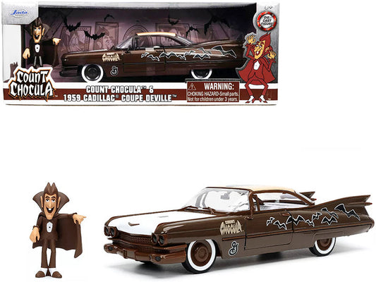 1959 Cadillac Coupe DeVille Brown and White with Graphics and Count Chocula Diecast Figurine "Hollywood Rides" Series 1/24 Diecast Model Car