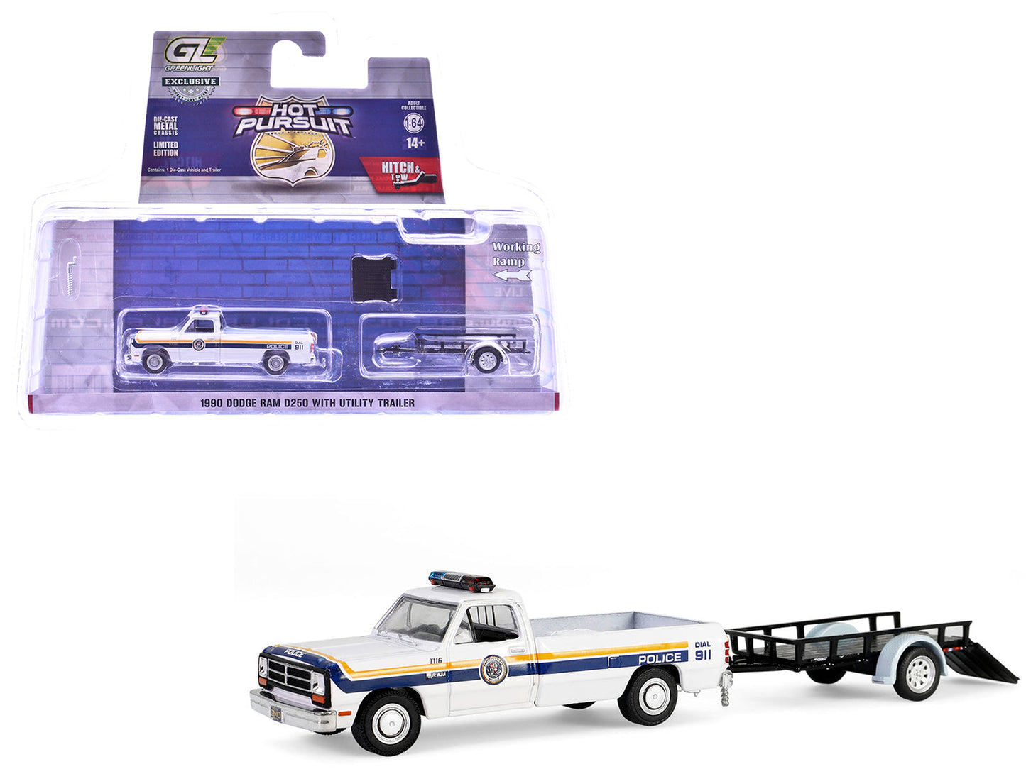 1990 Dodge Ram D250 Pickup Truck "Philadelphia PA Police Department" White with Stripes and Utility Trailer "Hot Pursuit Hitch & Tow" Series 1 1/64 Diecast Model Cars