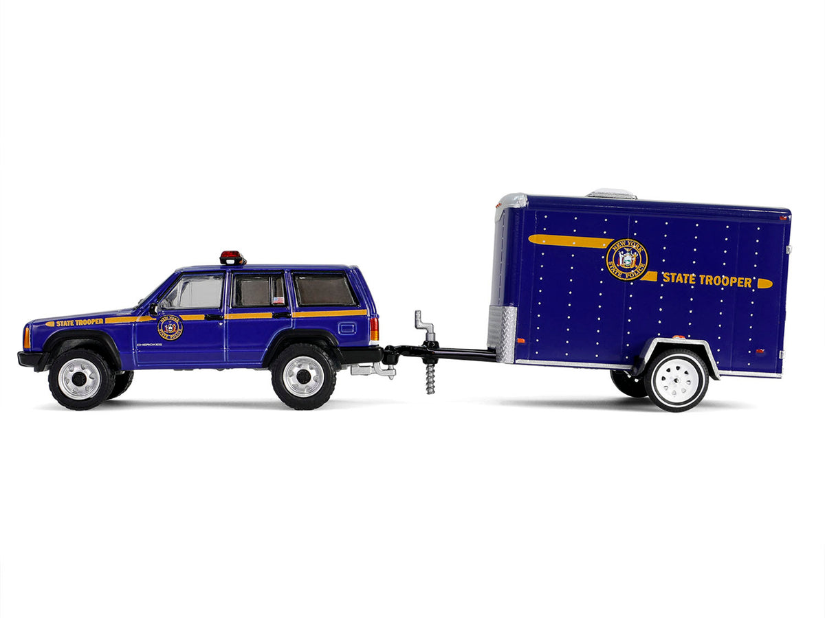 2001 Jeep Cherokee "New York State Police" Blue with Yellow Stripes and Small Cargo Trailer "Hot Pursuit Hitch & Tow" Series 1 1/64 Diecast Model Cars