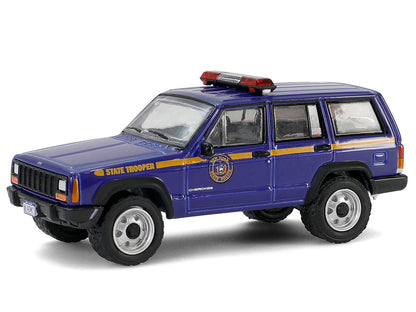 2001 Jeep Cherokee "New York State Police" Blue with Yellow Stripes and Small Cargo Trailer "Hot Pursuit Hitch & Tow" Series 1 1/64 Diecast Model Cars