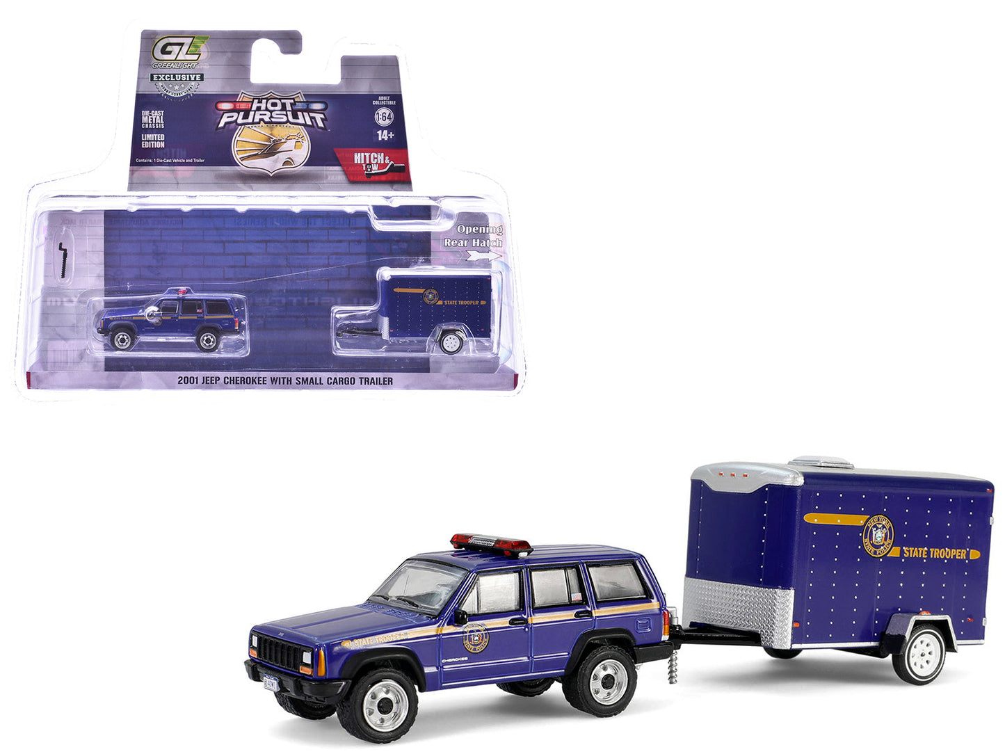 2001 Jeep Cherokee "New York State Police" Blue with Yellow Stripes and Small Cargo Trailer "Hot Pursuit Hitch & Tow" Series 1 1/64 Diecast Model Cars