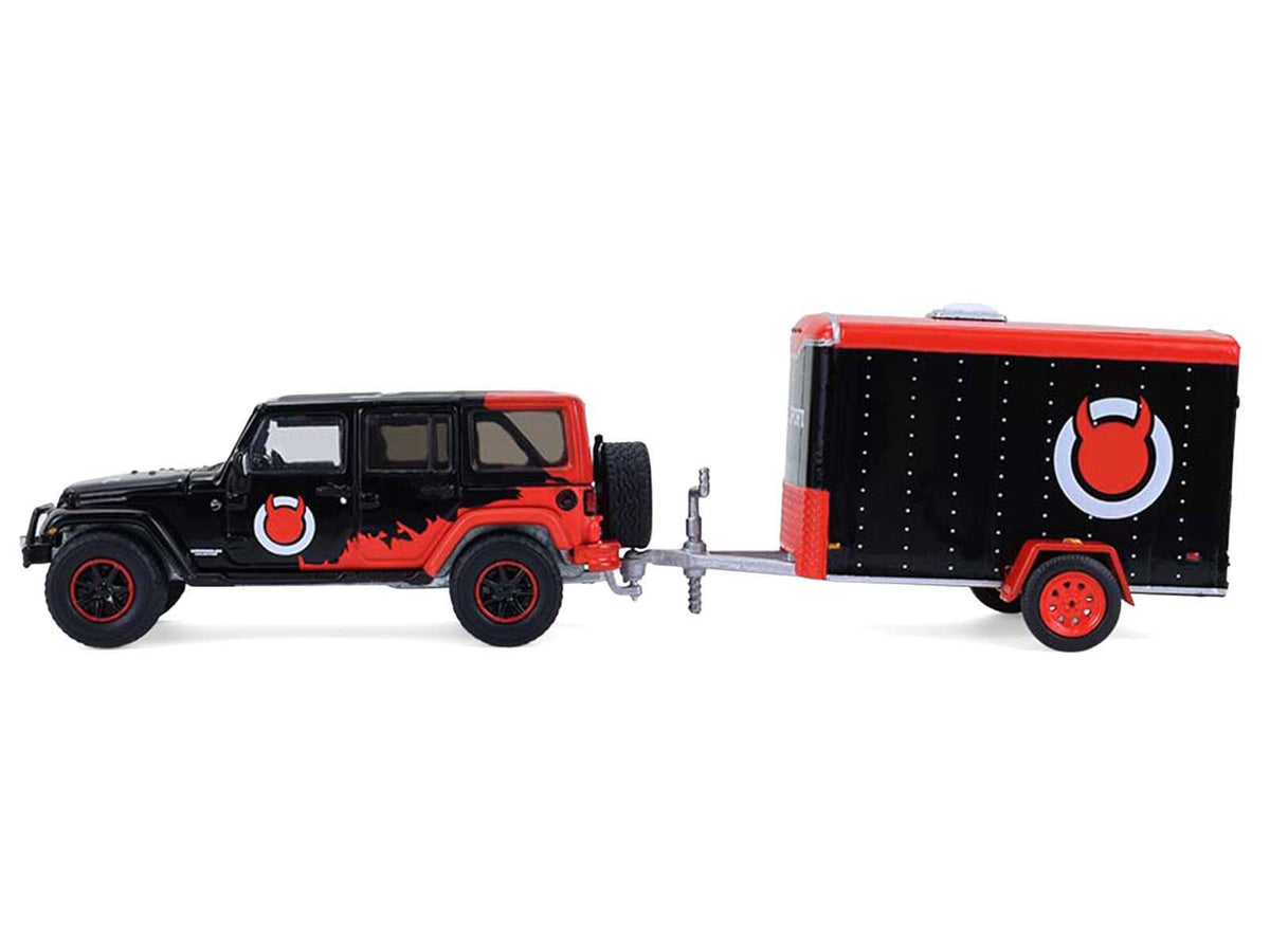 2012 Jeep Wrangler Unlimited "Diablo Sport" Black with Red Graphics and Small Cargo Trailer "Hitch & Tow" Series 33 1/64 Diecast Model Cars