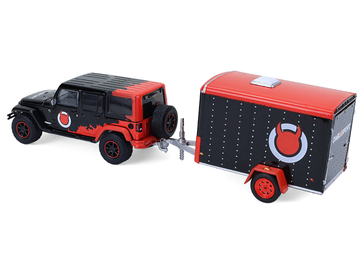 2012 Jeep Wrangler Unlimited "Diablo Sport" Black with Red Graphics and Small Cargo Trailer "Hitch & Tow" Series 33 1/64 Diecast Model Cars