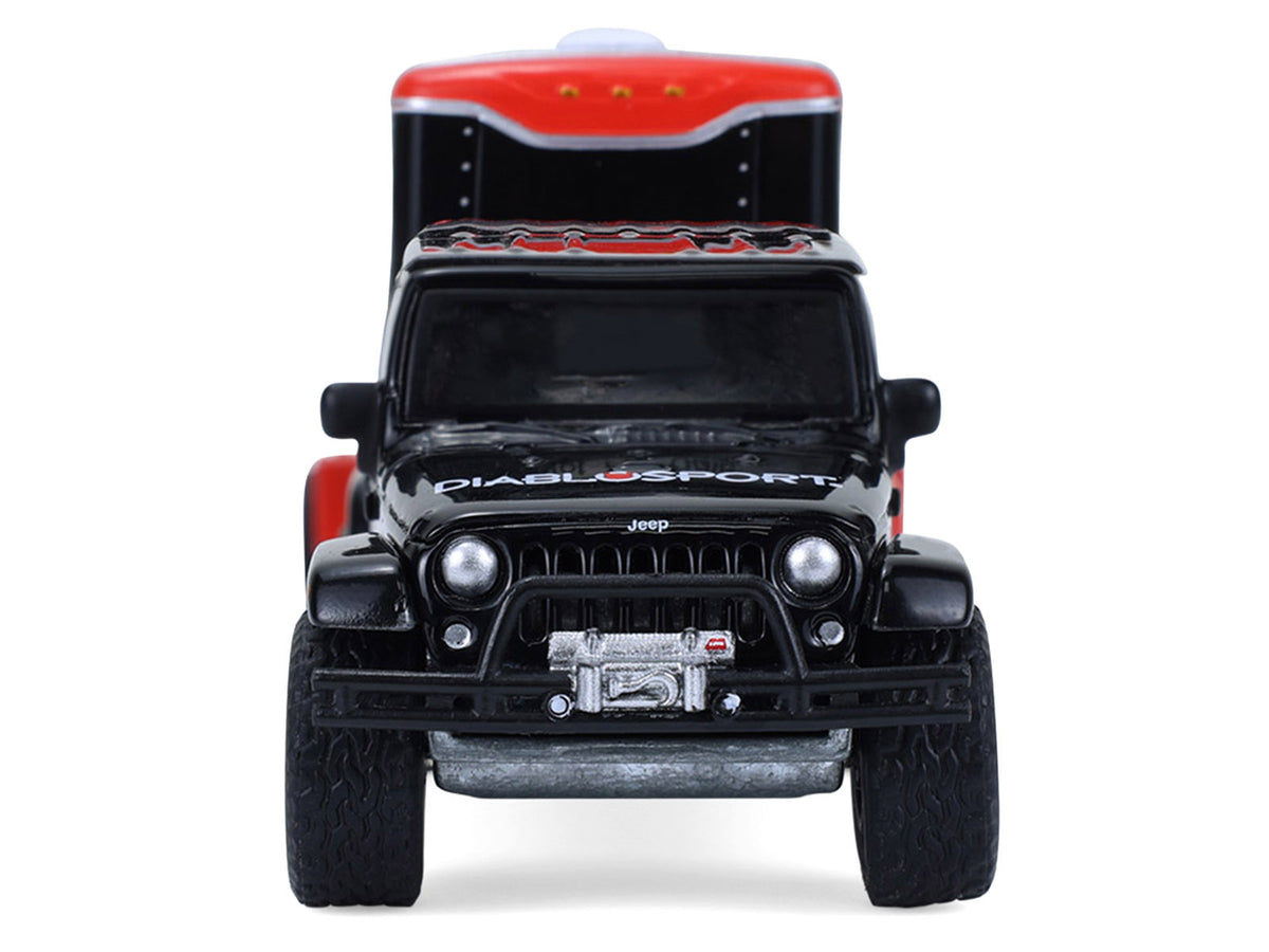 2012 Jeep Wrangler Unlimited "Diablo Sport" Black with Red Graphics and Small Cargo Trailer "Hitch & Tow" Series 33 1/64 Diecast Model Cars