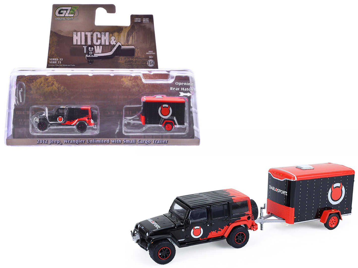2012 Jeep Wrangler Unlimited "Diablo Sport" Black with Red Graphics and Small Cargo Trailer "Hitch & Tow" Series 33 1/64 Diecast Model Cars