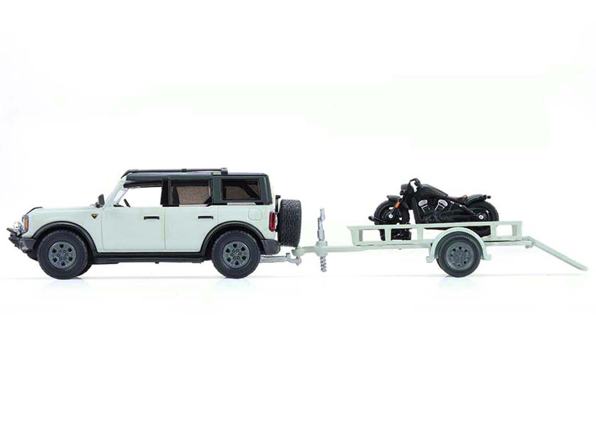 2021 Ford Bronco 4-Door Badlands Cactus Gray with Black Top and Motorcycle with Utility Trailer "Hitch & Tow" Series 33 1/64 Diecast Model Cars