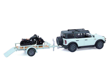 2021 Ford Bronco 4-Door Badlands Cactus Gray with Black Top and Motorcycle with Utility Trailer "Hitch & Tow" Series 33 1/64 Diecast Model Cars