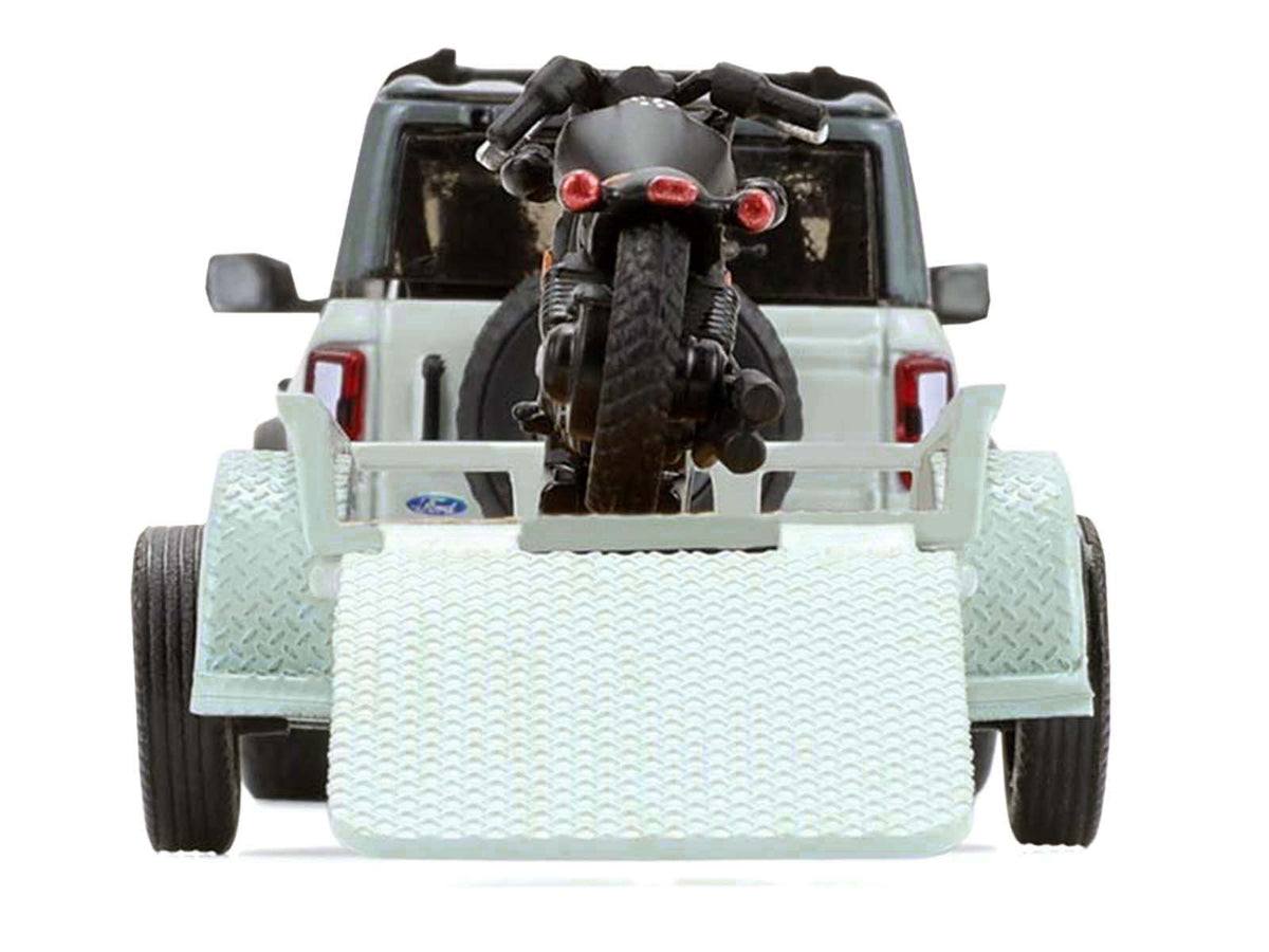 2021 Ford Bronco 4-Door Badlands Cactus Gray with Black Top and Motorcycle with Utility Trailer "Hitch & Tow" Series 33 1/64 Diecast Model Cars