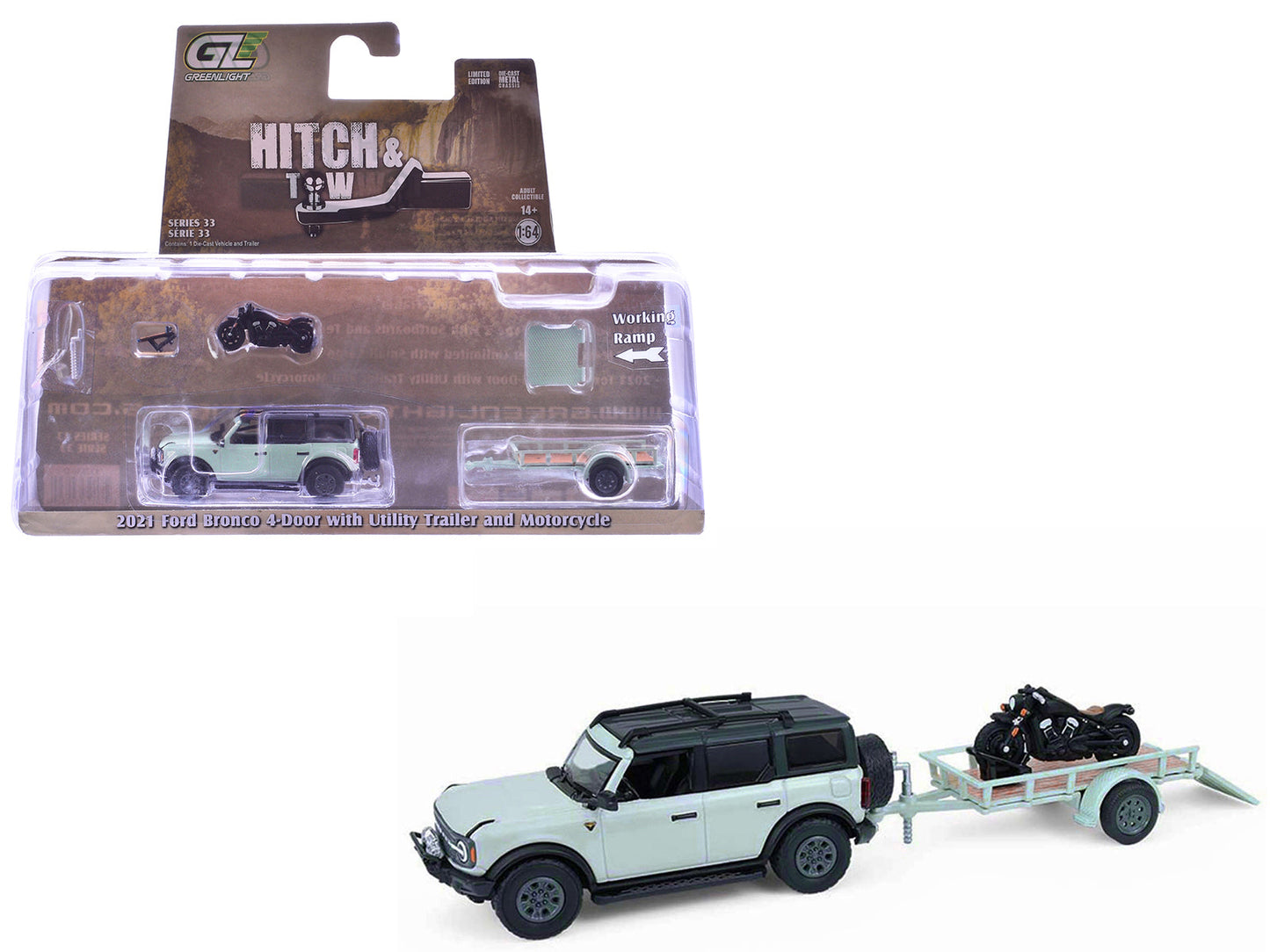 2021 Ford Bronco 4-Door Badlands Cactus Gray with Black Top and Motorcycle with Utility Trailer "Hitch & Tow" Series 33 1/64 Diecast Model Cars