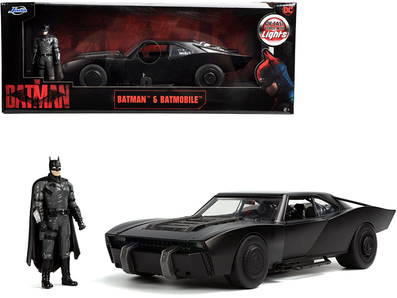 Batmobile Matt Black with Lights with Batman Diecast Figurine "The Batman" (2022) Movie "DC Comics" 1/18 Diecast Model Car