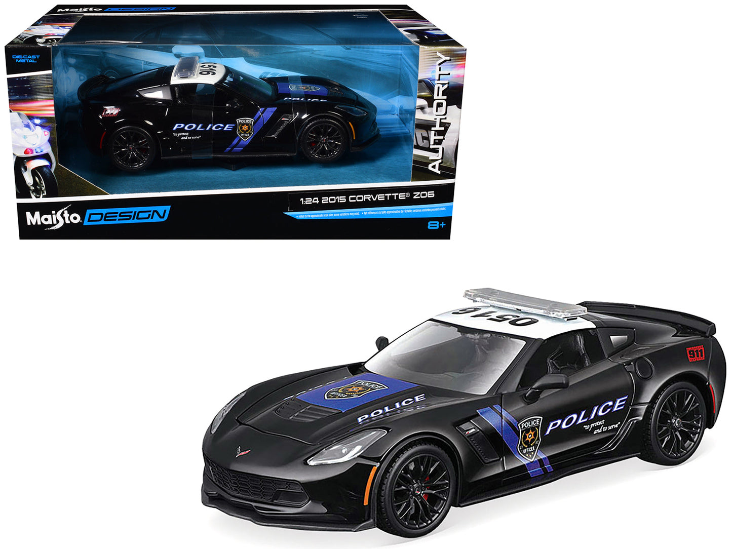 2015 Chevrolet Corvette Z06 "Police" Black with Blue Stripes and White Top "Maisto Design Authority" Series 1/24 Diecast Model Car