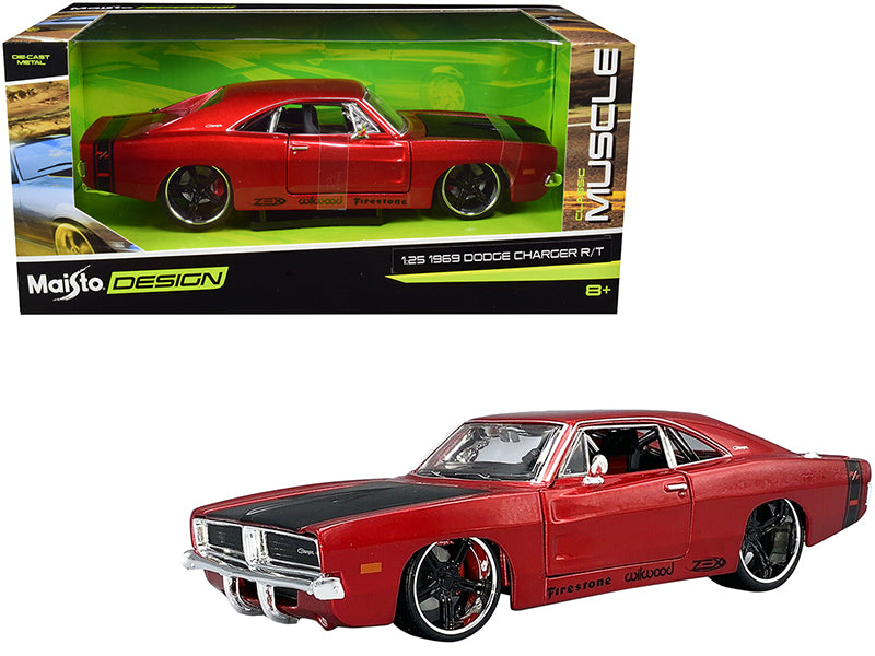 1969 Dodge Charger R/T Red Metallic with Black Hood and Black Stripes "Classic Muscle" 1/25 Diecast Model Car