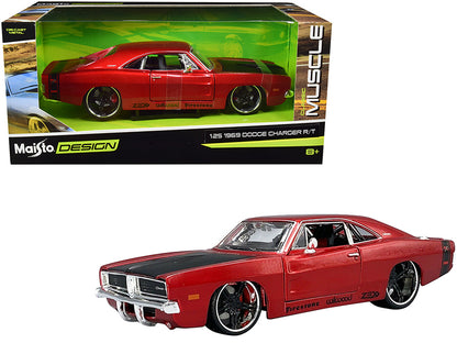 1969 Dodge Charger R/T Red Metallic with Black Hood and Black Stripes "Classic Muscle" 1/25 Diecast Model Car
