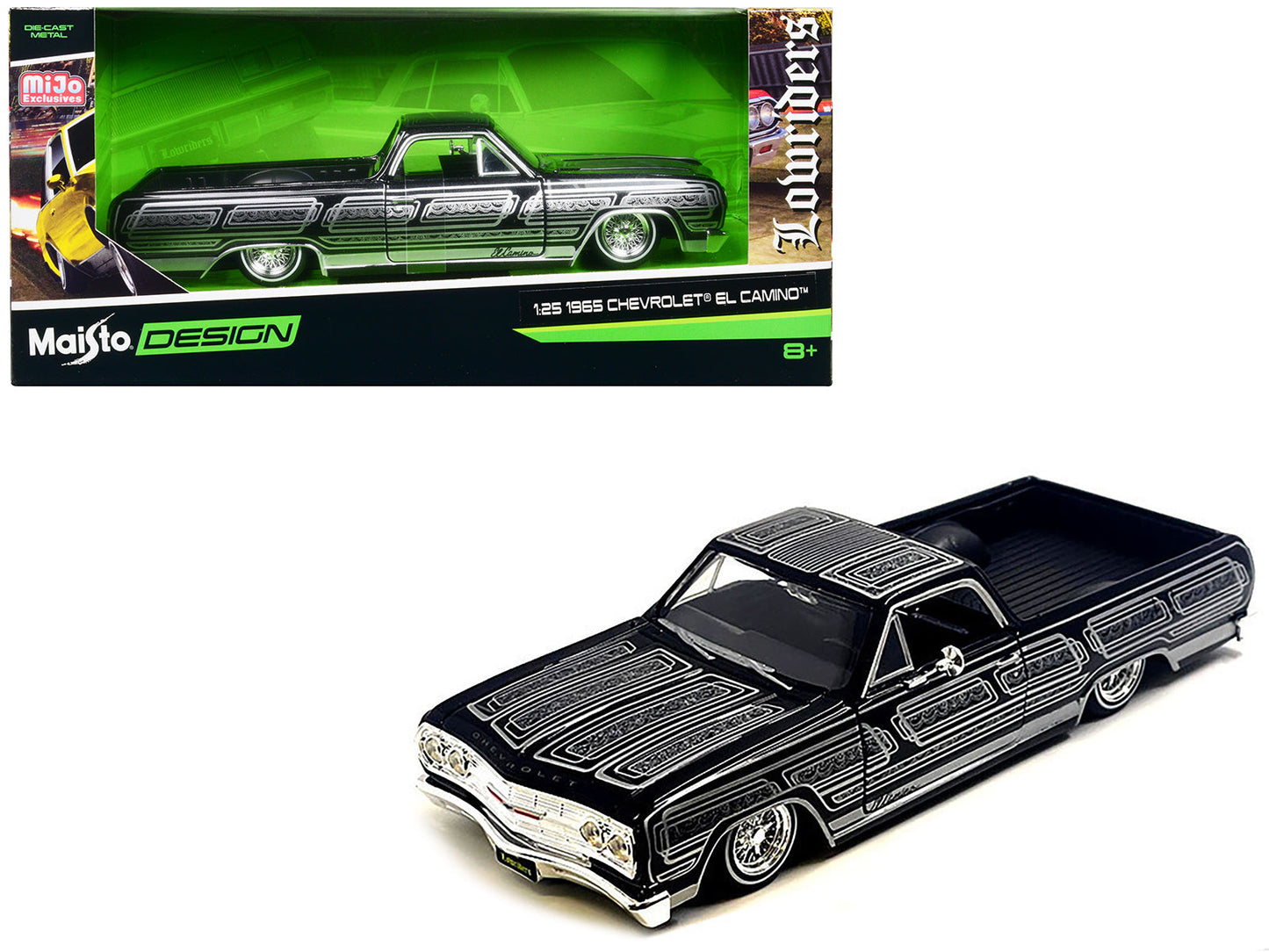 1965 Chevrolet El Camino Lowrider Black Metallic with Silver Graphics "Lowriders" Series 1/25 Diecast Model Car
