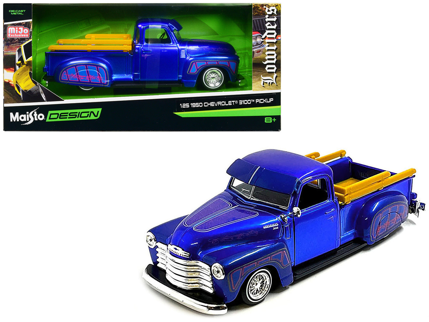 1950 Chevrolet 3100 Pickup Truck Lowrider Candy Blue with Graphics "Lowriders" Series 1/25 Diecast Model Car